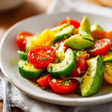 Cucumber Tomato Avocado Salad in 10 Minutes with Lemon Dressing Recipe Card