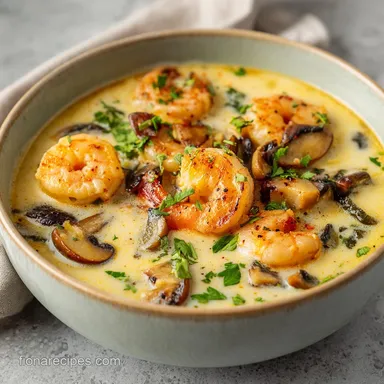 Shrimp and Mushrooms Garlic Bisque: Silky Recipe Card