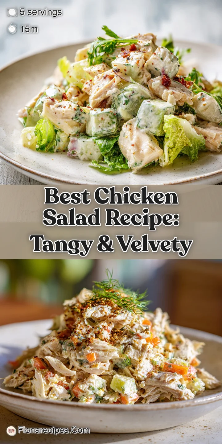 Creamy chicken salad with flecks of green herbs and diced celery, piled high on a fork and ready to eat.