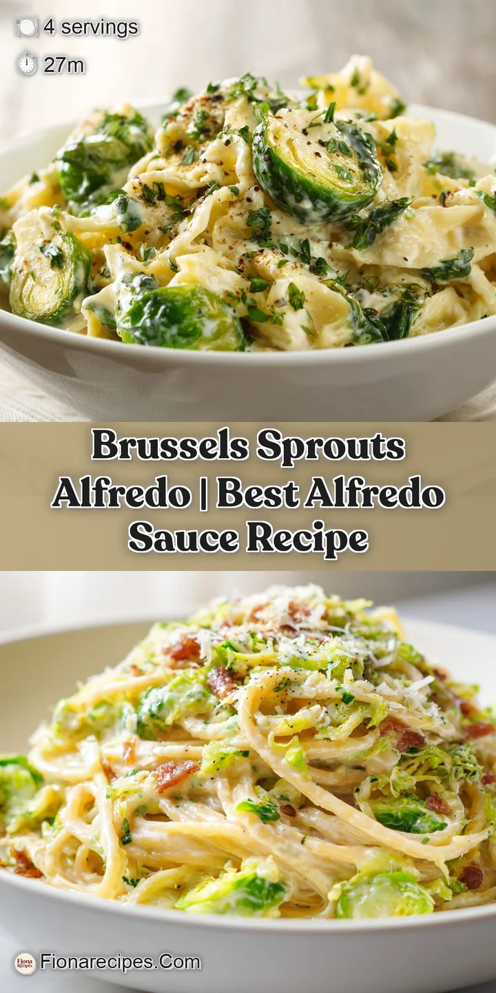 Close-up of glossy, thick alfredo sauce coating perfectly cooked pasta with charred Brussels sprouts.
