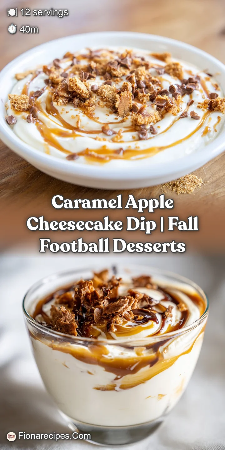 Close-up of a smooth, creamy dip with a glossy gold caramel swirl and a fresh apple slice dipping into the center.