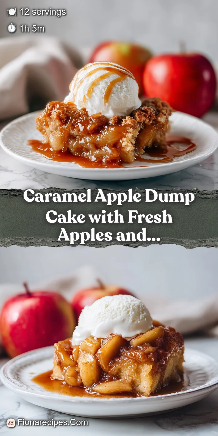 Close-up of tender baked apple chunks coated in sticky caramel sauce, with a light, crumbly cake topping dusted with cinna...