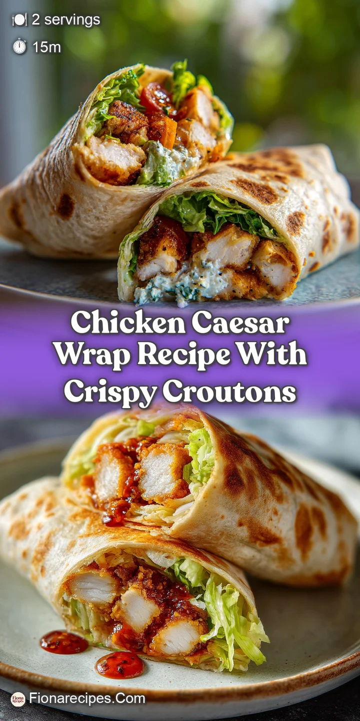 Close-up of a chicken Caesar wrap reveals juicy chicken, crunchy romaine, and rich, creamy Caesar dressing oozing out.