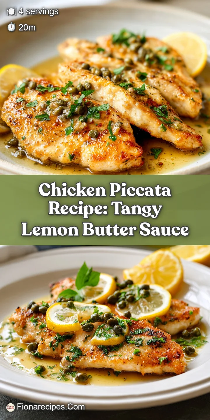 Close-up of chicken piccata showing browned chicken, salty capers, & a rich lemon sauce; a burst of fresh parsley brighten...