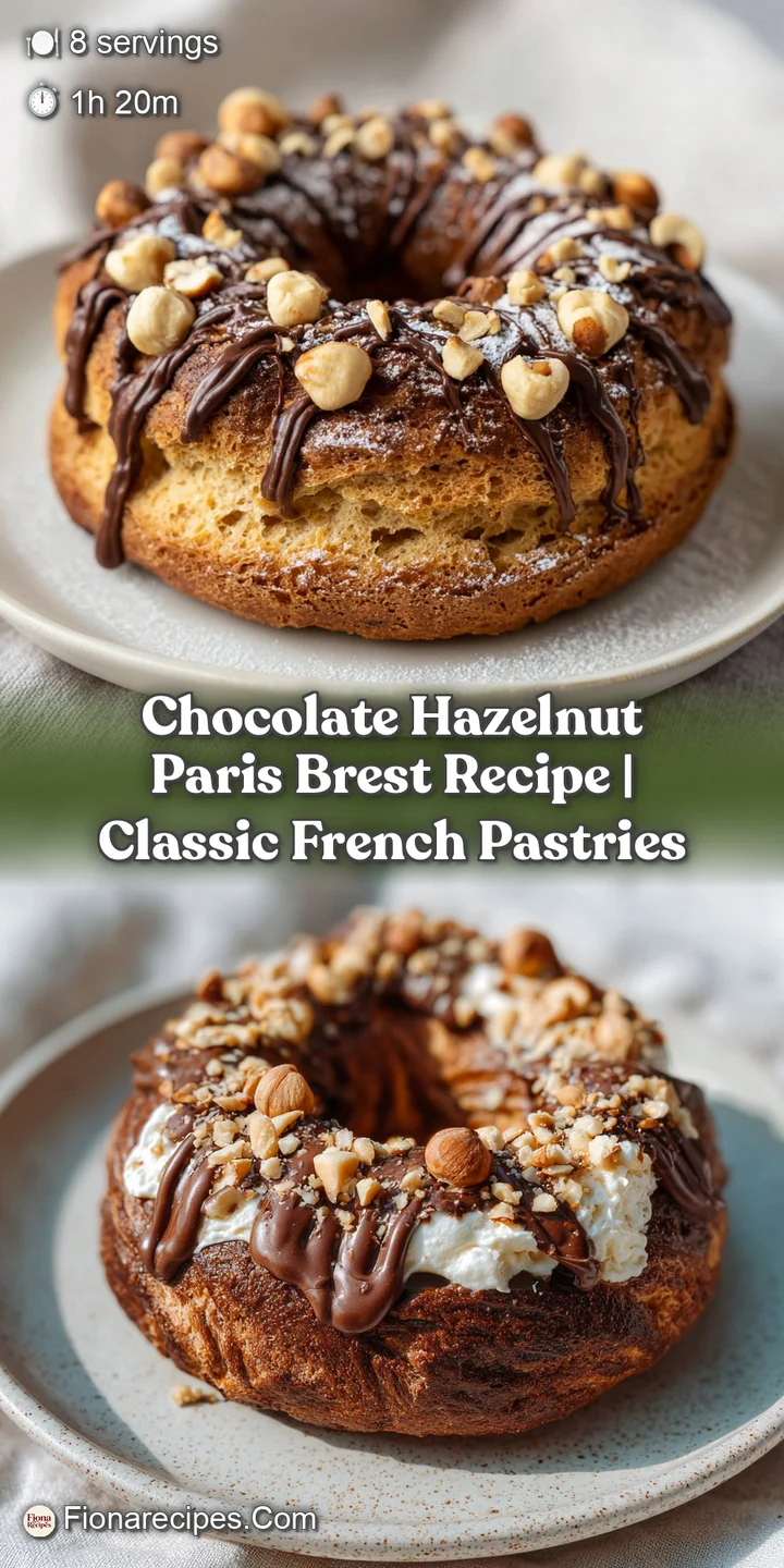 Close-up of a Paris Brest showing swirls of chocolate hazelnut cream filling inside a perfectly baked, golden-brown pastry...