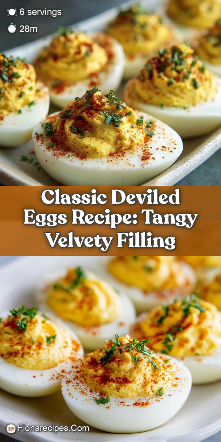 Close-up of a deviled egg half, showcasing the smooth, pale yellow filling with flecks of herbs and a dusting of vibrant p...