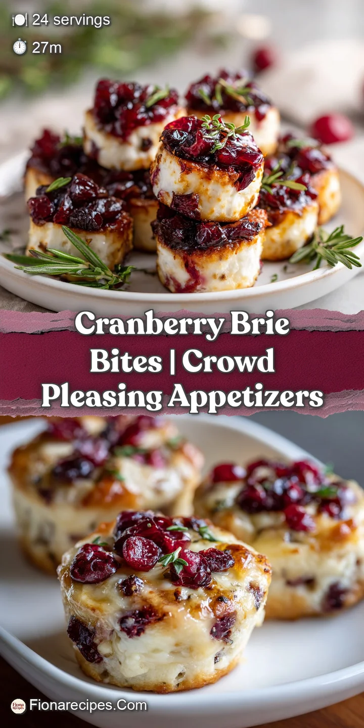 Close-up of a flaky golden pastry cup filled with luscious, melted brie and vibrant red cranberries.