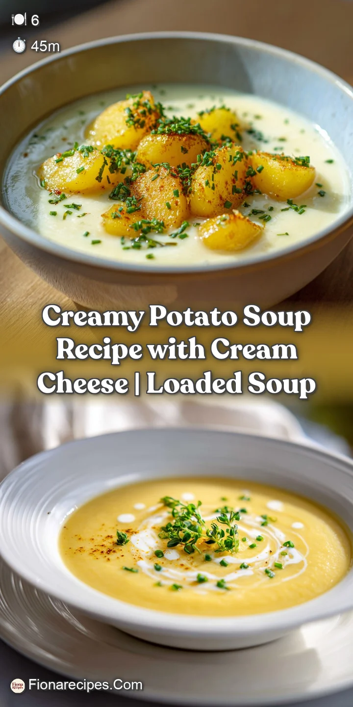 Close-up of thick, creamy potato soup with visible chunks of potato. Steam rises, inviting a warm spoonful. Fresh chives o...