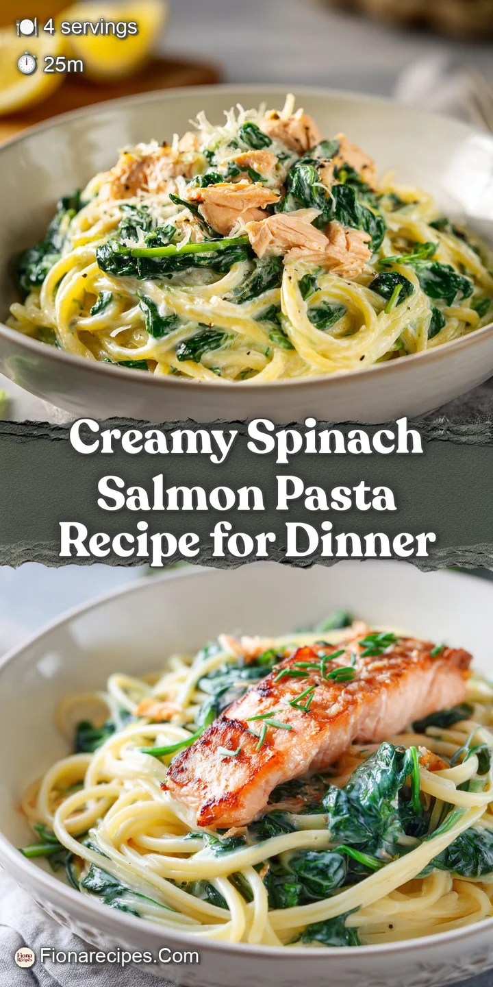 Close-up showcasing the creamy texture of the pasta, tender salmon, and fresh spinach, inviting you to take a delicious bite.