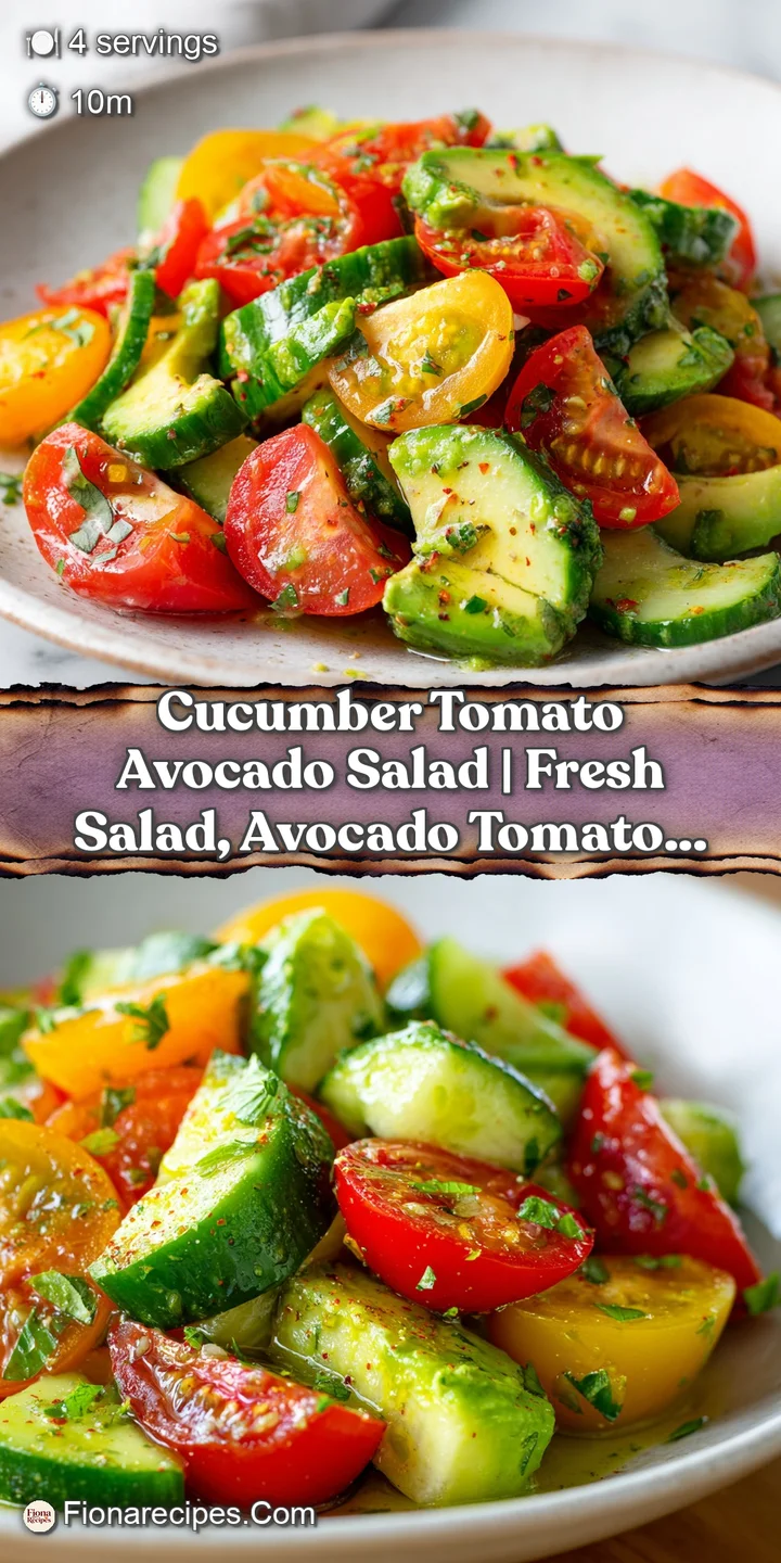 Close-up of ripe red tomato wedges, cool green cucumber slices, and soft avocado cubes glistening with lemon dressing.