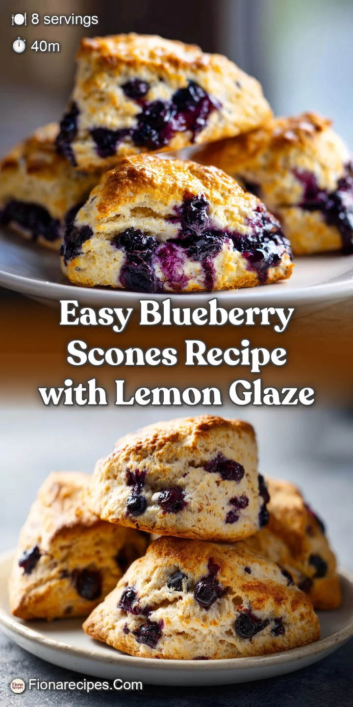 Close-up of a blueberry scone showcasing bursting juicy blueberries and a glistening, pale yellow lemon glaze.
