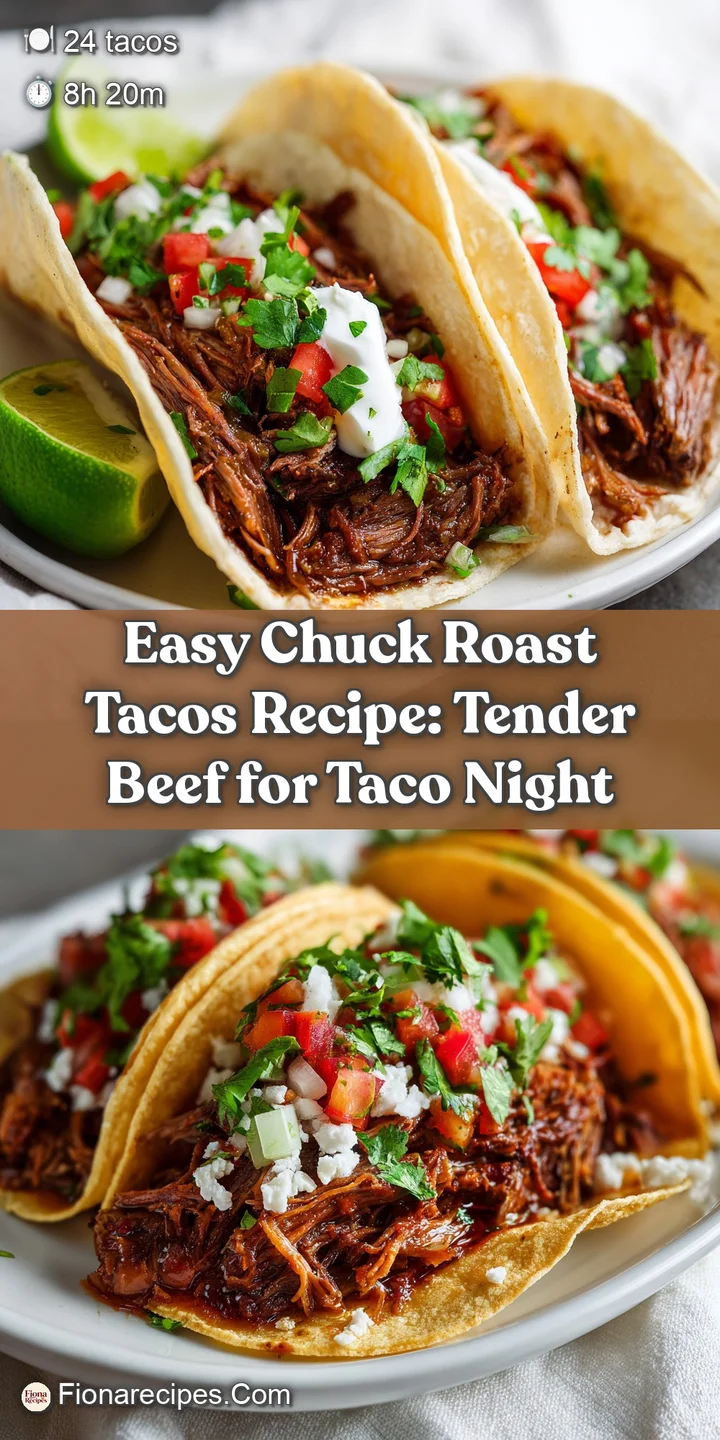 Close-up of tender, shredded chuck roast glistening with savory juices, overflowing from a warm corn tortilla; a burst of ...