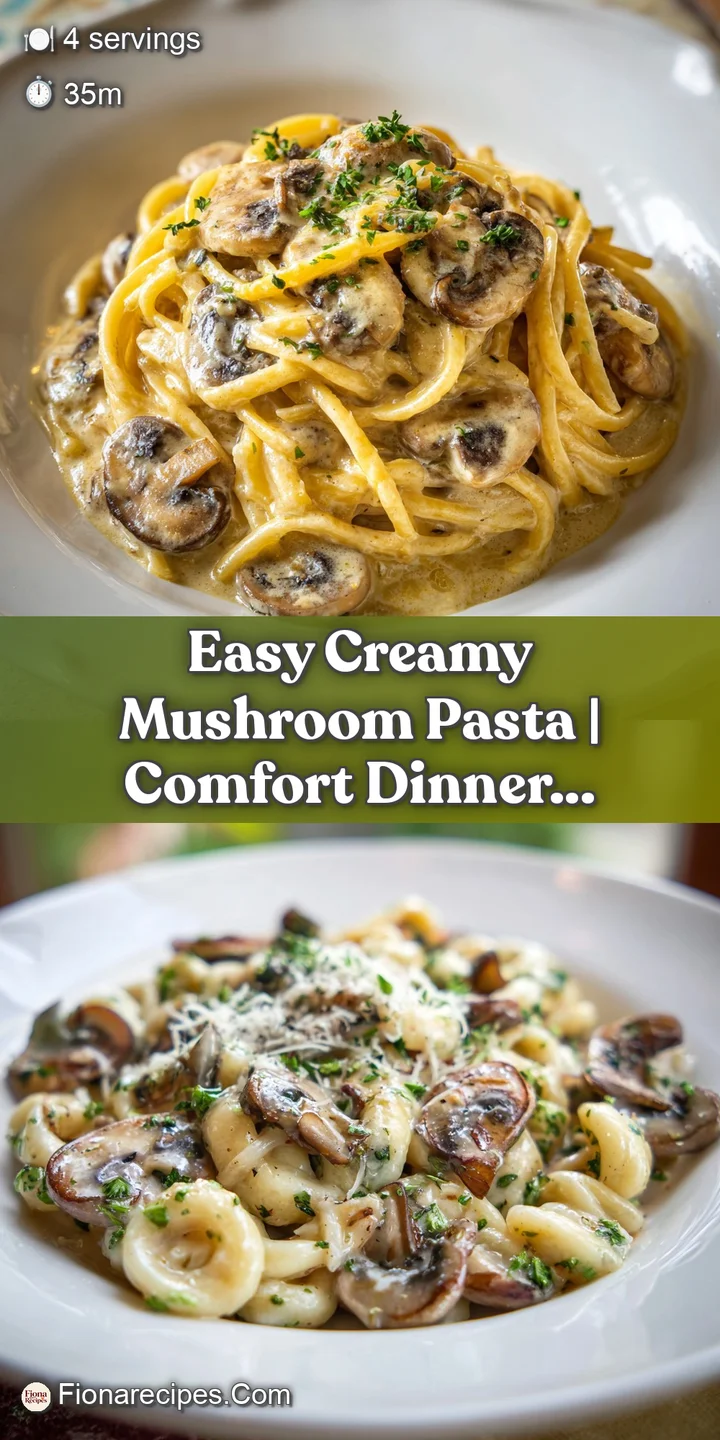 Close-up: glistening strands of pasta coated in a creamy, earthy mushroom sauce. Flecks of herbs and parmesan add texture ...