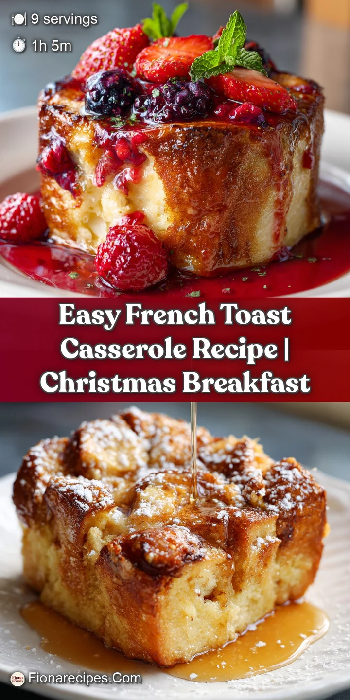 Close-up of a bubbly, caramelized French toast casserole, revealing soft bread soaked in custard. Golden-brown edges hint ...