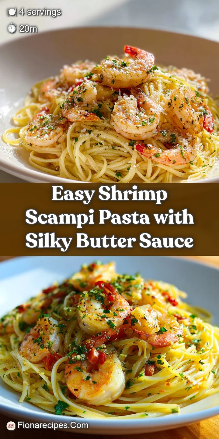 Close-up reveals succulent shrimp coated in a buttery, garlicky sauce, clinging to perfectly cooked pasta strands.