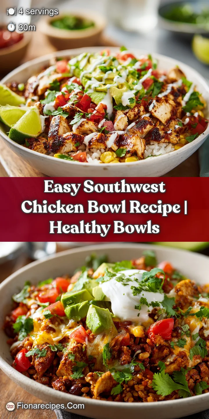 Close-up of southwest chicken bowl: Juicy chicken, fresh salsa, and creamy avocado create a tempting, flavorful bite, read...