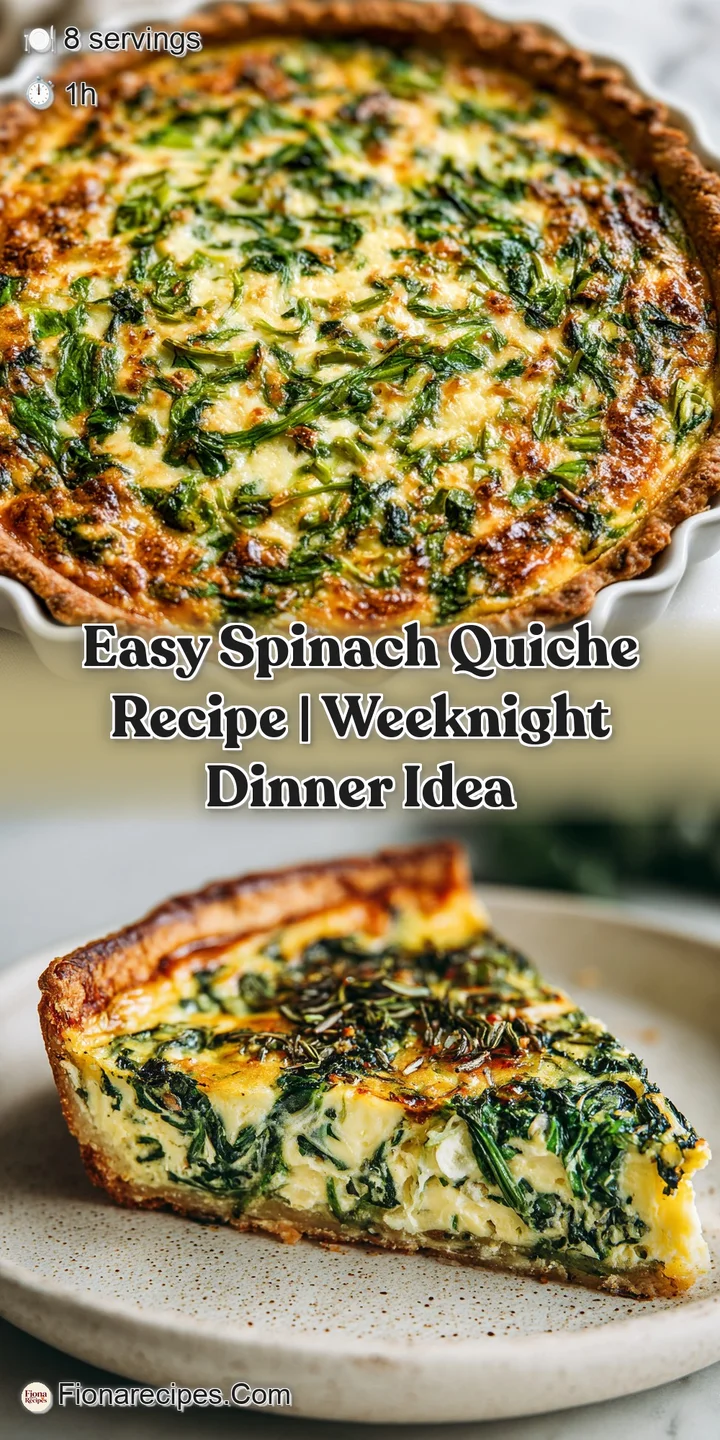 Close-up of a spinach quiche, the creamy custard speckled with bright green spinach, promising a savory, melt-in-your-mout...