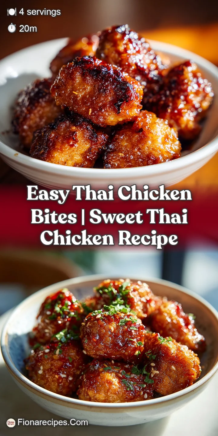 Close-up of a Thai chicken bite reveals succulent meat, a glossy, savory sauce, and fresh herb garnish, bursting with flavor.