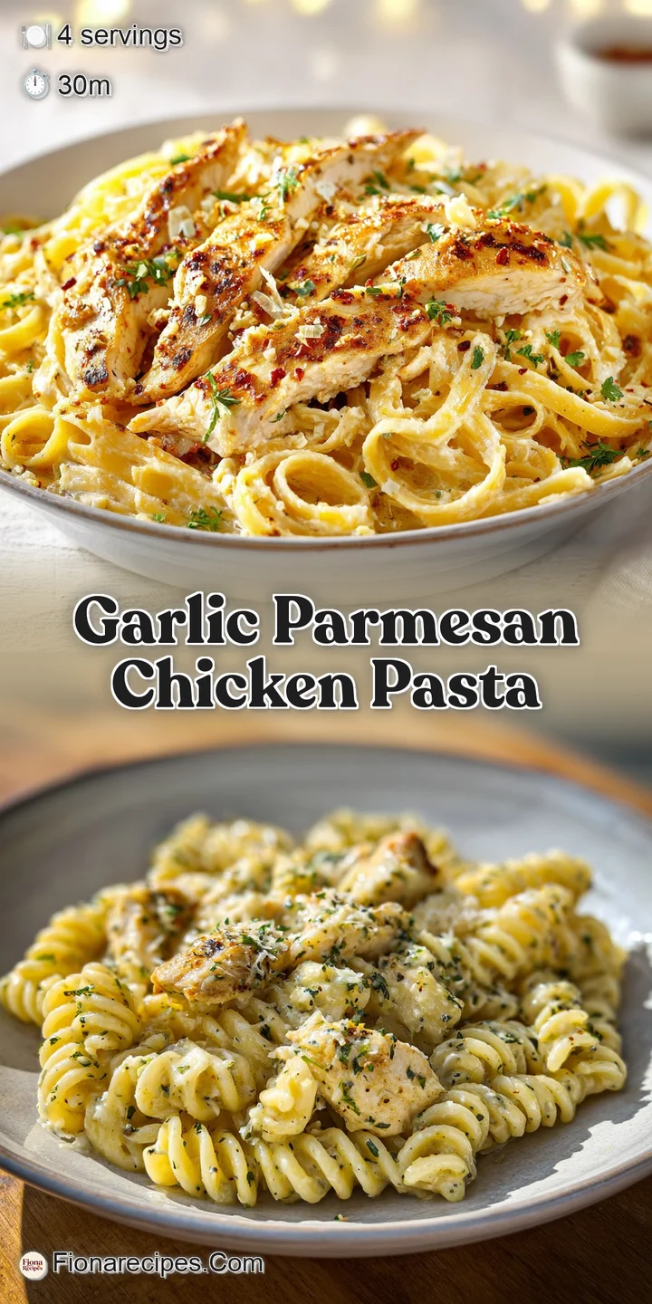 Close-up of garlic parmesan chicken pasta; creamy sauce coats tender chicken and pasta, sprinkled with green herbs.