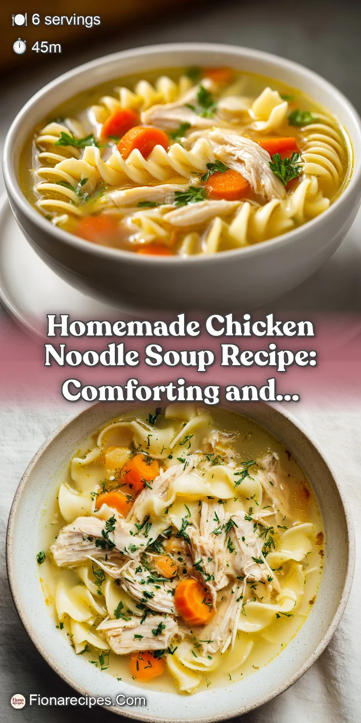 Close-up of rich, yellow chicken noodle soup, with visible steam, chunks of tender chicken and glistening droplets on the ...