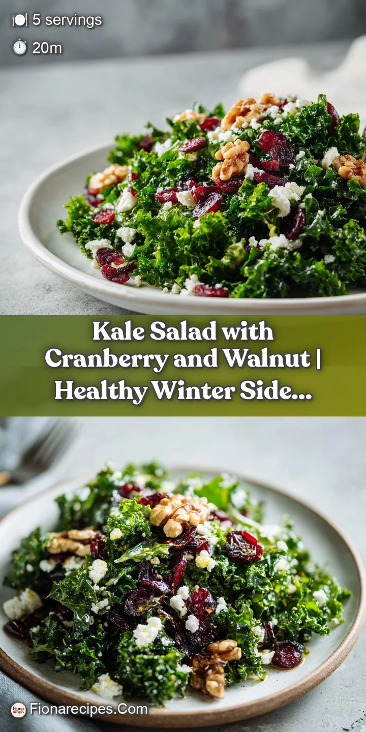Vibrant green kale tossed with ruby-red cranberries and toasted walnuts, a fresh salad