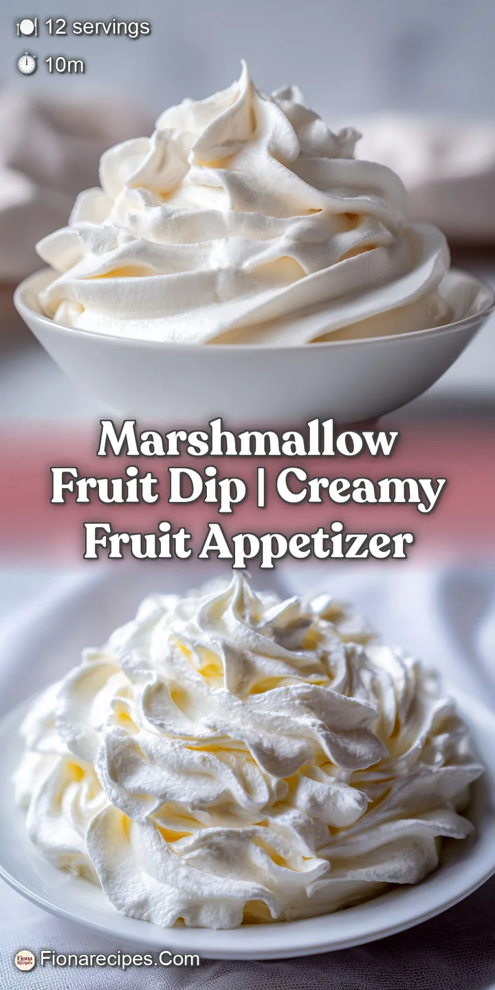 Close-up of a spoon scooping a dollop of airy marshmallow dip studded with colorful fruit pieces.