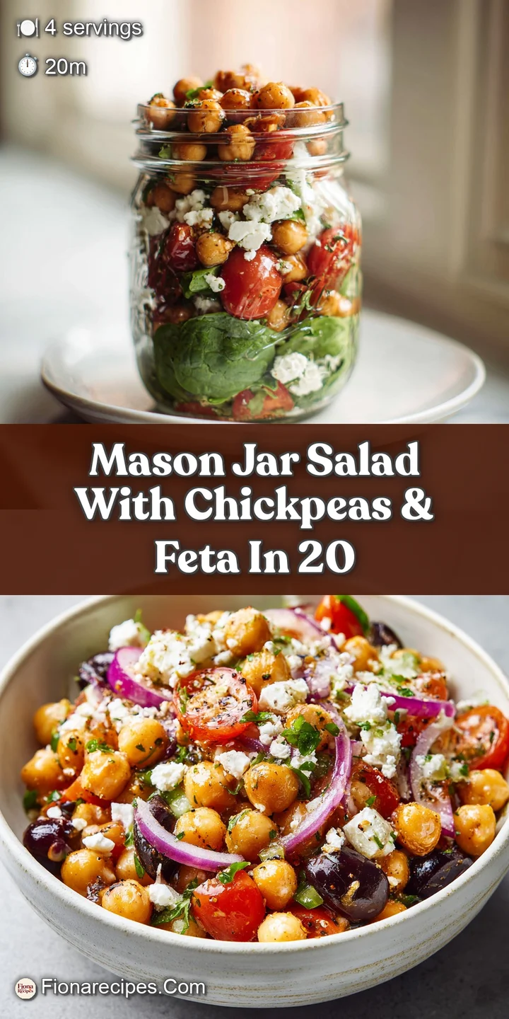 Close-up of a layered mason jar salad, showcasing the textures of crisp lettuce, plump chickpeas, and crumbly white feta.