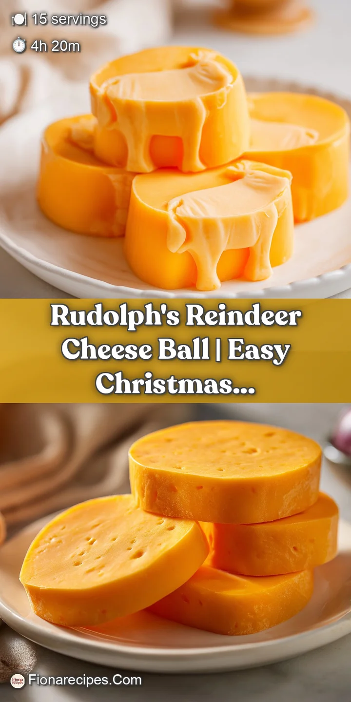 A close-up of a creamy, speckled cheese ball shaped like a reindeer, with bright red accents.