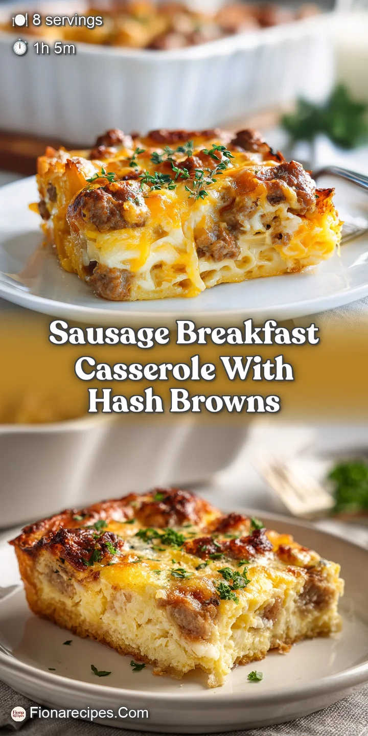 Close-up of a breakfast casserole showing crispy browned edges, sausage, and melted cheese bubbling on top. Rustic and inv...