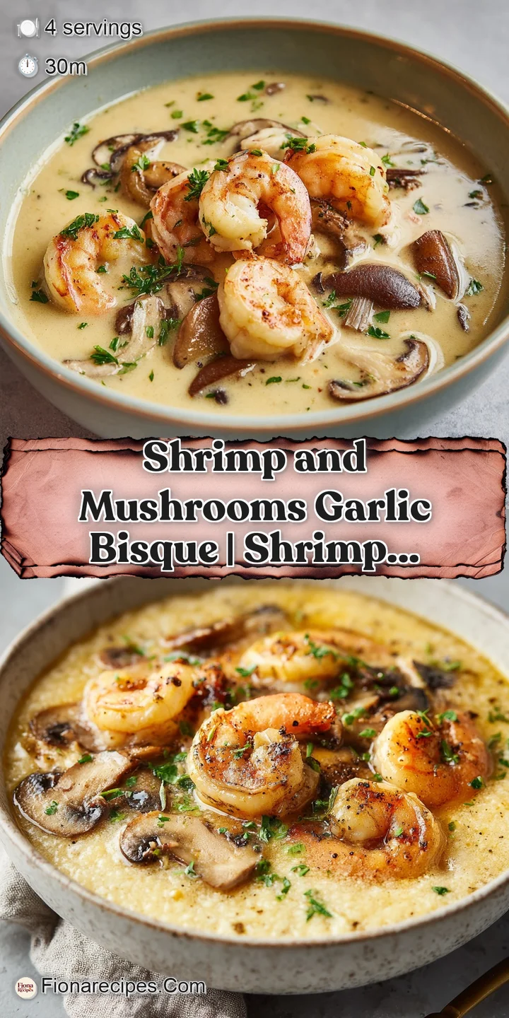 Macro shot of velvety cream soup with succulent pink shrimp, earthy brown mushrooms, and a sprinkle of fresh parsley.