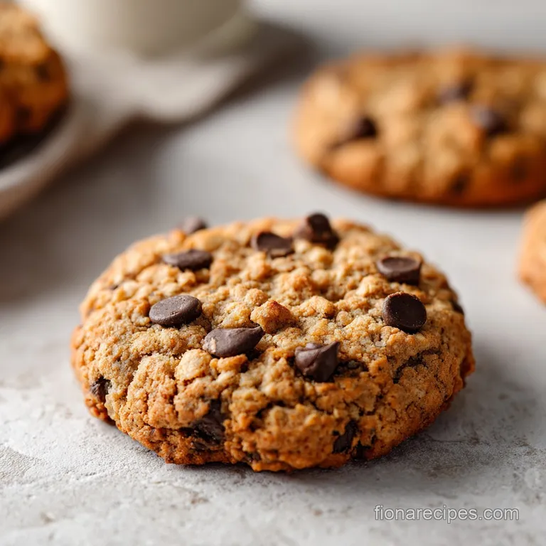 Chewy, circular cookies with rustic edges, presented on a rustic wooden board with scattered chips.