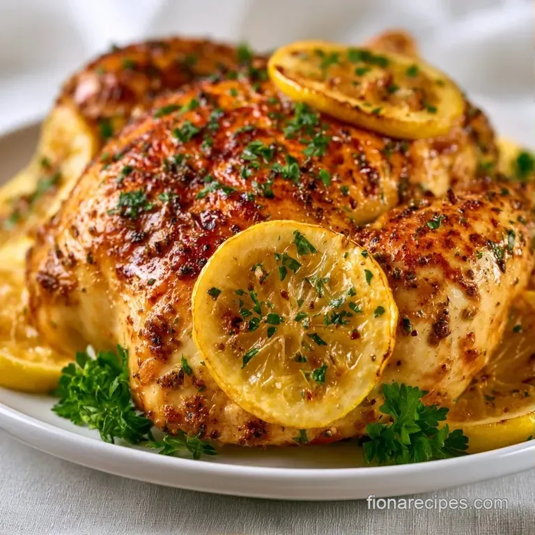 A sliced chicken breast on a white plate with a drizzle of lemon butter and sprigs of fresh green rosemary.