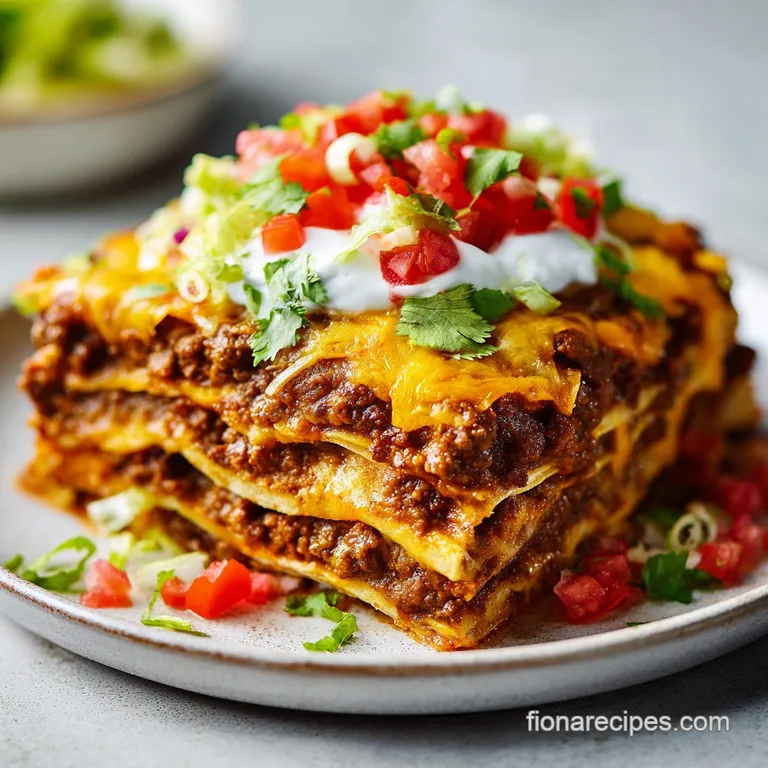 A hearty portion of layered enchiladas, topped with a dollop of sour cream and fresh cilantro, artfully plated.