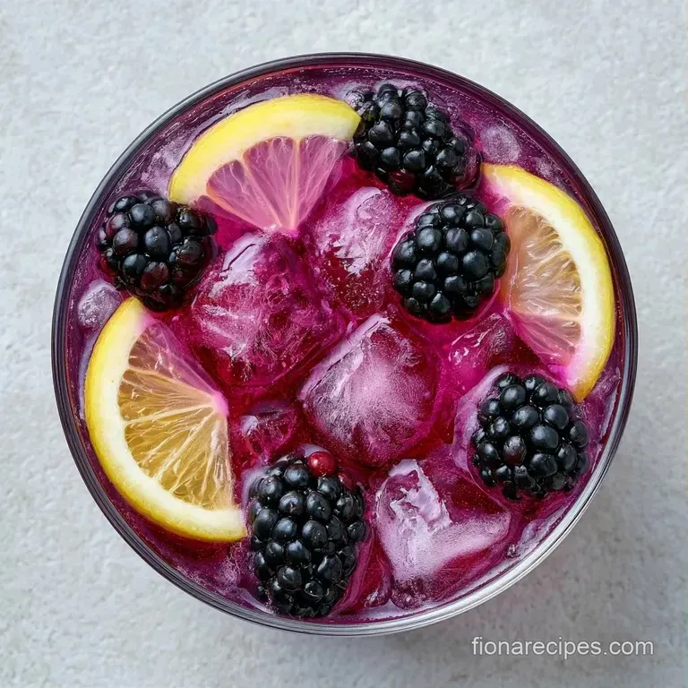 Refreshing purple drink in a tall glass on a sunny wooden table beside fresh blackberries and sliced lemons.