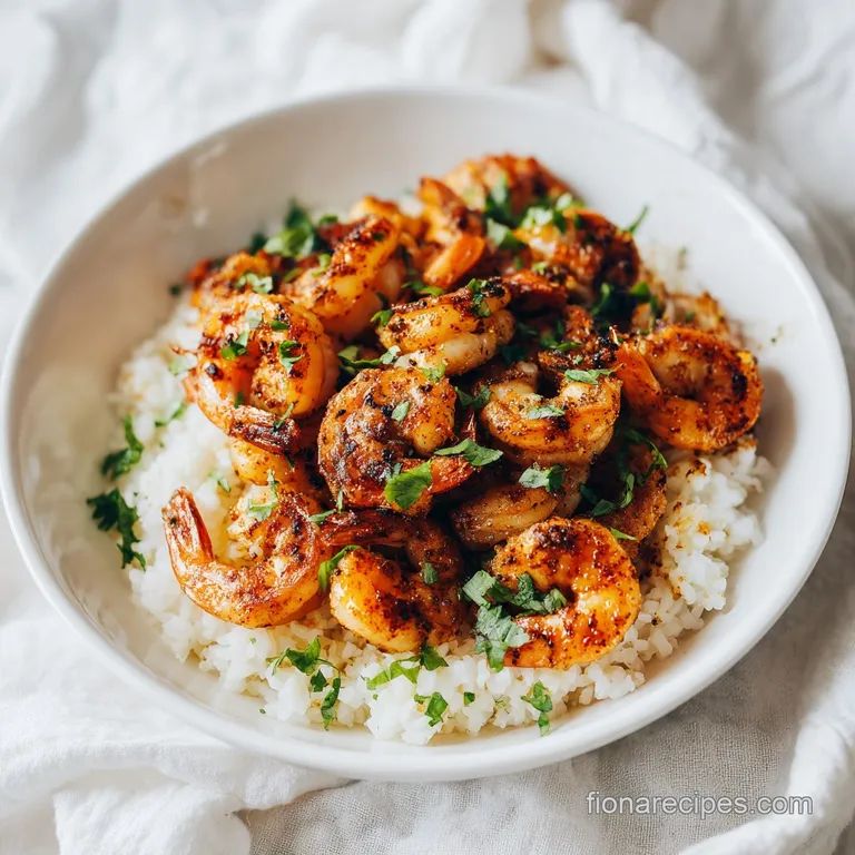 Perfectly plated blackened shrimp bowl featuring plump shrimp, fluffy rice, crisp peppers, and a drizzle of tangy sauce; i...