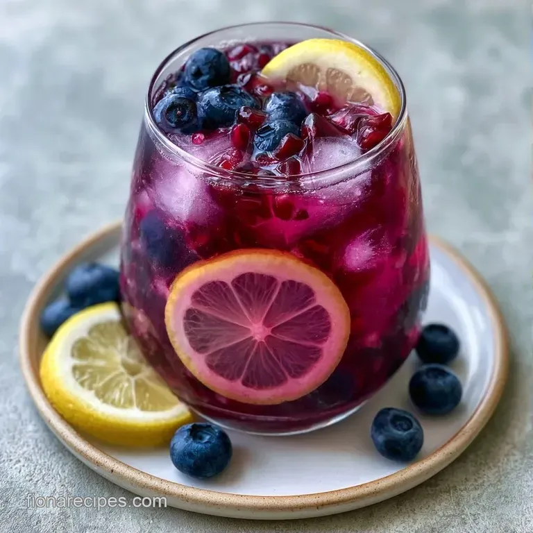 Chilled glass of deep purple beverage with floating lemon wheels and blueberries on a bright, sunlit summer table.