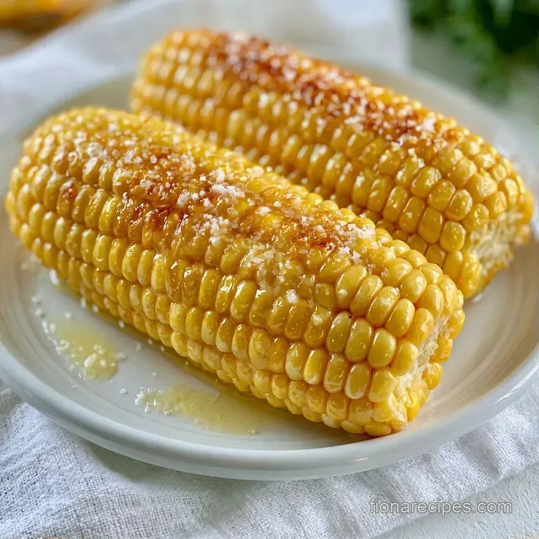 Two golden corn cobs stacked neatly on a slate platter, garnished with fresh parsley and flaky sea salt.