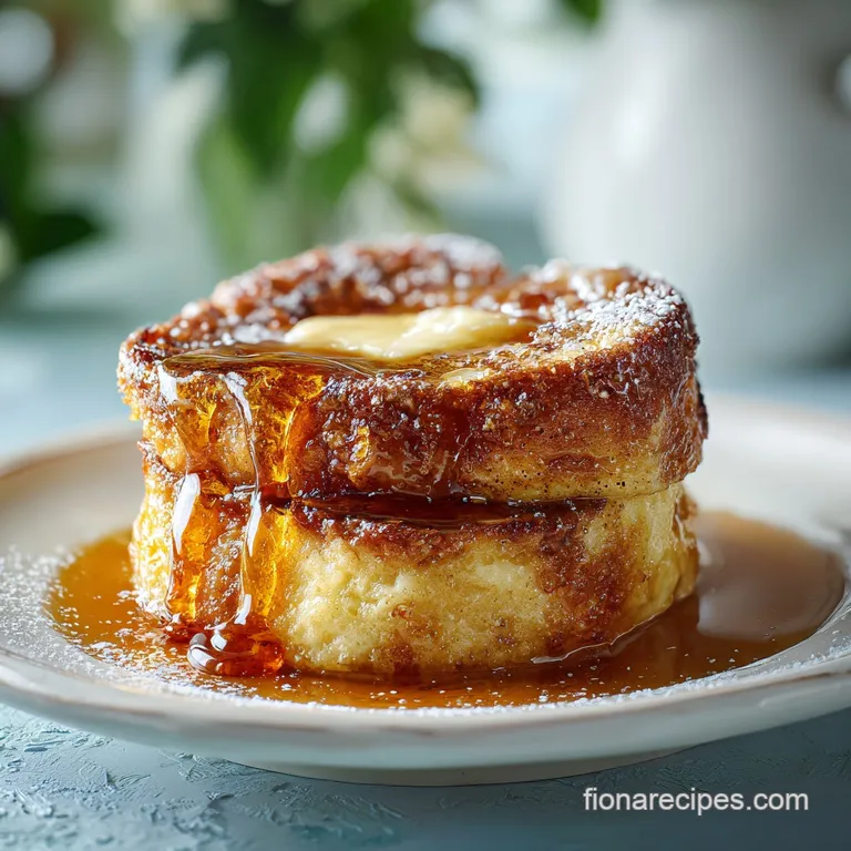 A slice of warm French toast casserole, drizzled with syrup and topped with fresh berries, sits elegantly on a white plate.