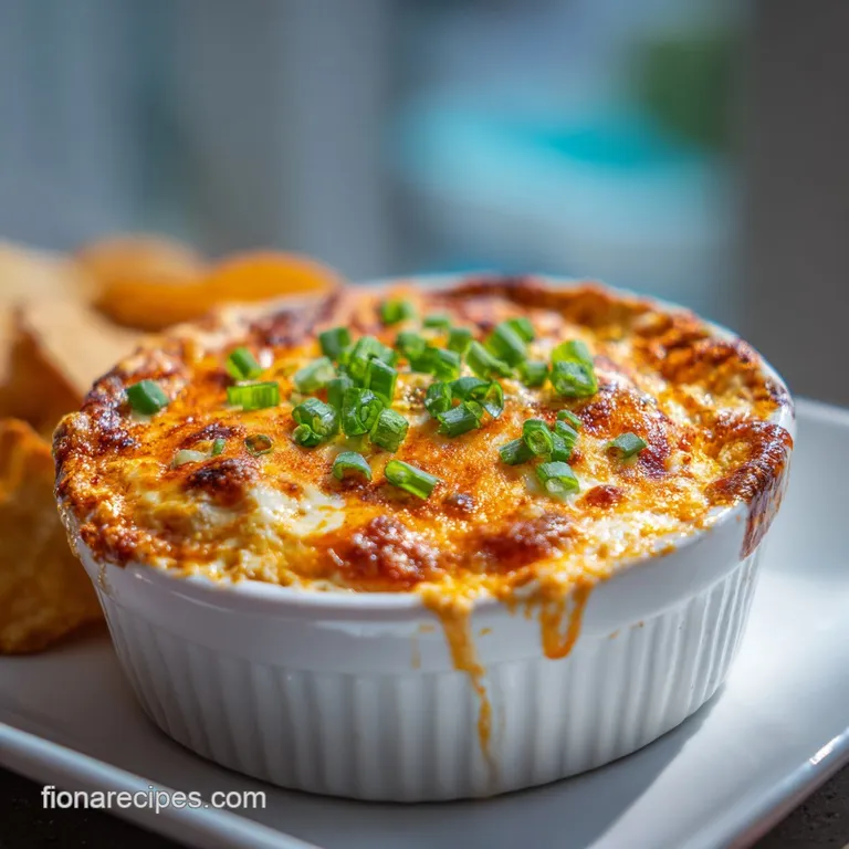 Individual ramekin of buffalo chicken dip, garnished with blue cheese crumbles and a drizzle of hot sauce. Served with cri...