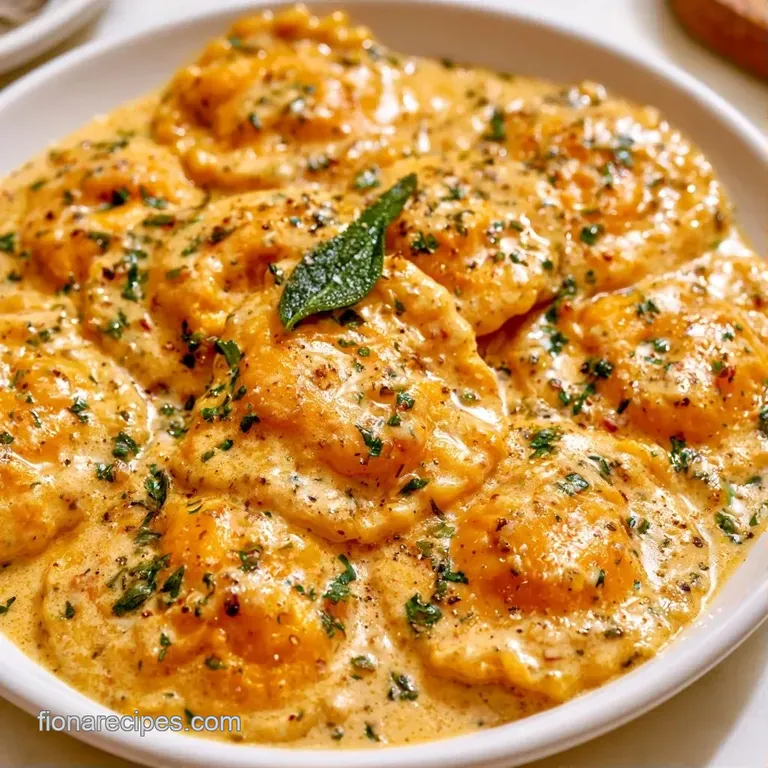Elegant white ceramic plate featuring plump pasta pillows drizzled in amber sauce and a sprinkle of fresh herbs.
