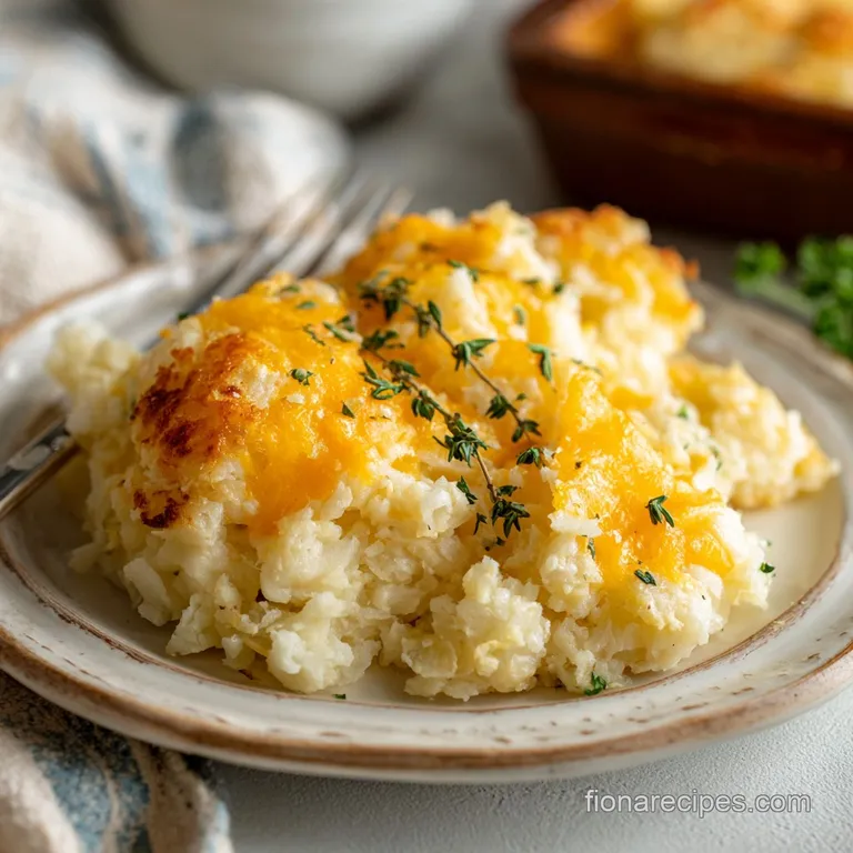 A generous scoop of cheesy hashbrown casserole, steaming hot with a golden-brown, slightly crisp top.