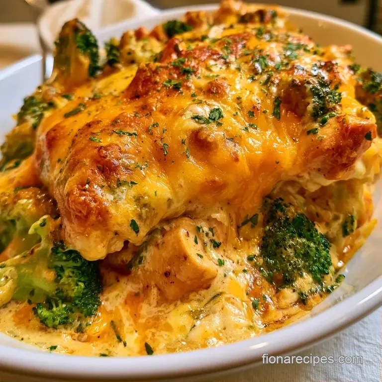 A creamy scoop of cheesy chicken and broccoli on a ceramic plate, garnished with a sprinkle of fresh chopped parsley.