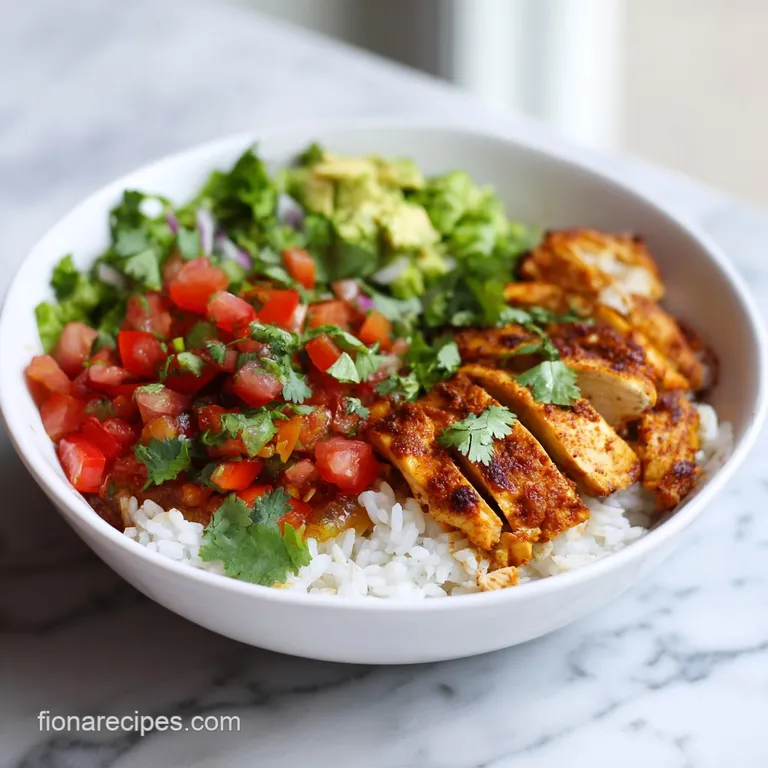 A vibrant chicken burrito bowl with fluffy rice, seasoned chicken, and a dollop of creamy guacamole.