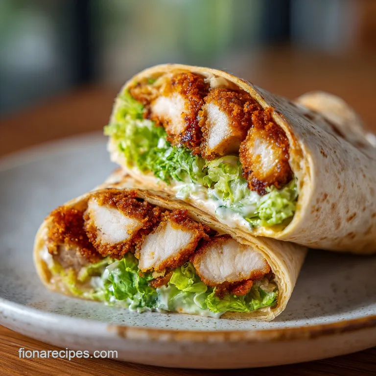 Chicken Caesar wrap halves elegantly plated with a side of vibrant green spinach; creamy sauce hints at cool freshness.