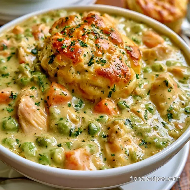 A scoop of creamy chicken and vegetable stew topped with a flaky, buttered biscuit on a white ceramic plate.