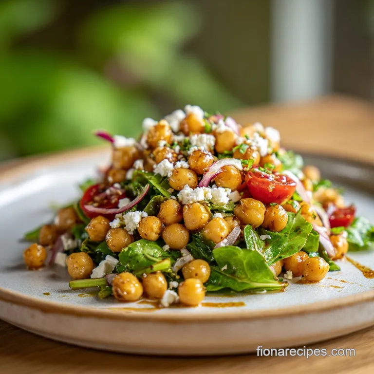 A vibrant salad with crunchy chickpeas and salty feta, artfully arranged on a plate, drizzled with a bright, tangy dressing.