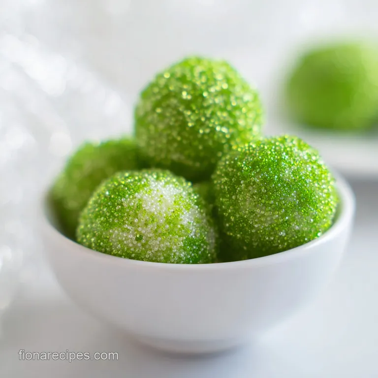 Vibrant green pyramid-shaped treats arranged on a white ceramic platter with a dusting of powdered sugar snow.