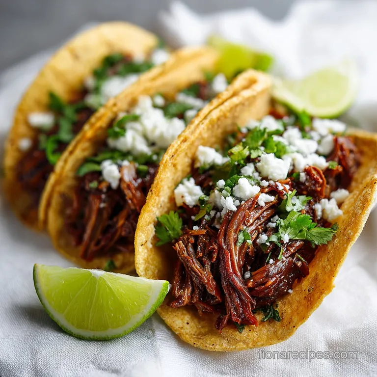 Elegantly plated taco with juicy, dark brown shredded beef cascading from a soft tortilla, topped with fresh green cilantro.