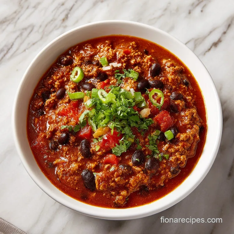 A warm, inviting bowl of chili with a bright green cilantro garnish. A spoon rests nearby, promising a comforting, flavorf...