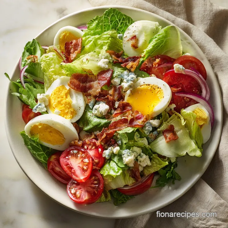 A perfectly plated Cobb salad with creamy avocado slices fanned out, alongside crumbled blue cheese and juicy grilled chic...